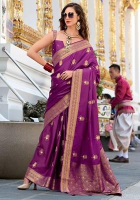 Purple Woven Design Poly Blend Saree Set With Blouse