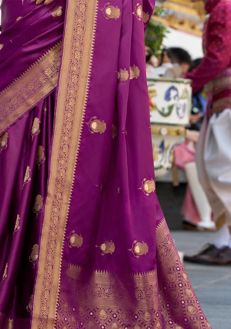 Purple Woven Design Poly Blend Saree Set With Blouse