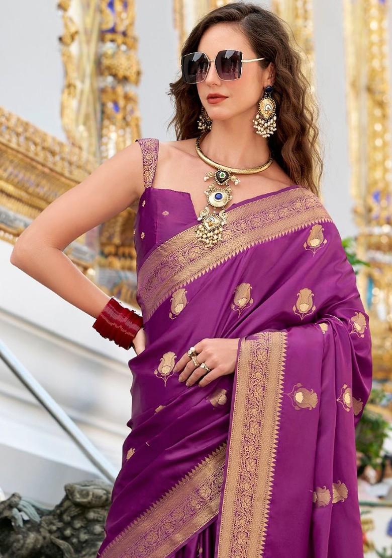 Purple Woven Design Poly Blend Saree Set With Blouse