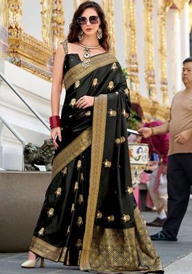 Black Woven Design Poly Blend Saree Set With Blouse