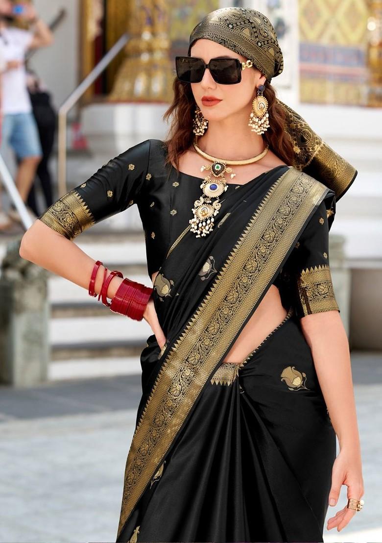 Black Woven Design Poly Blend Saree Set With Blouse