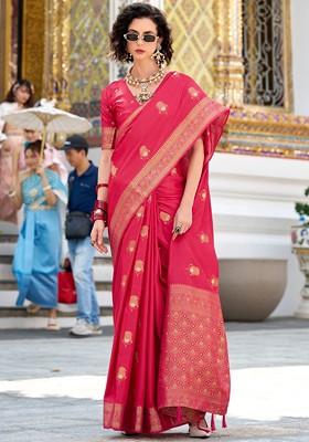Red Woven Design Poly Blend Saree Set With Blouse