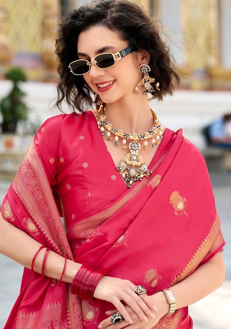 Red Woven Design Poly Blend Saree Set With Blouse