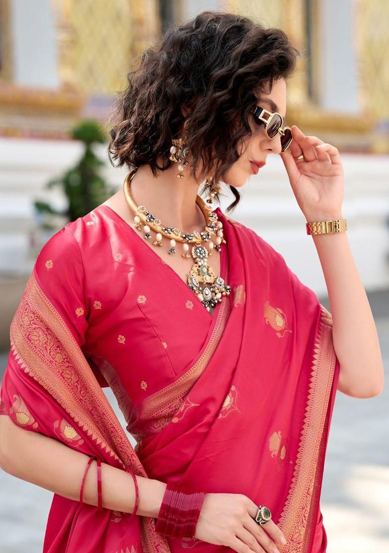 Red Woven Design Poly Blend Saree Set With Blouse