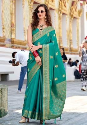 Green Woven Design Poly Blend Saree Set With Blouse