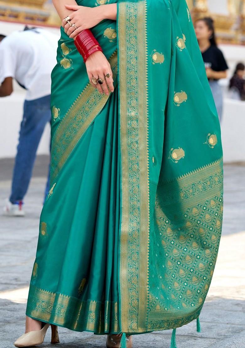 Green Woven Design Poly Blend Saree Set With Blouse