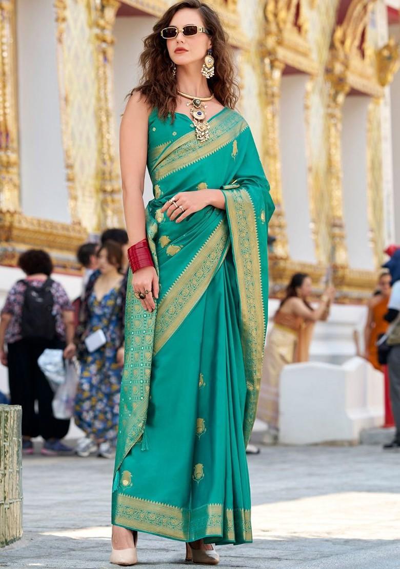 Green Woven Design Poly Blend Saree Set With Blouse