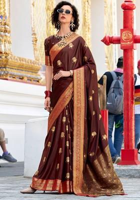 Brown Woven Design Poly Blend Saree Set With Blouse