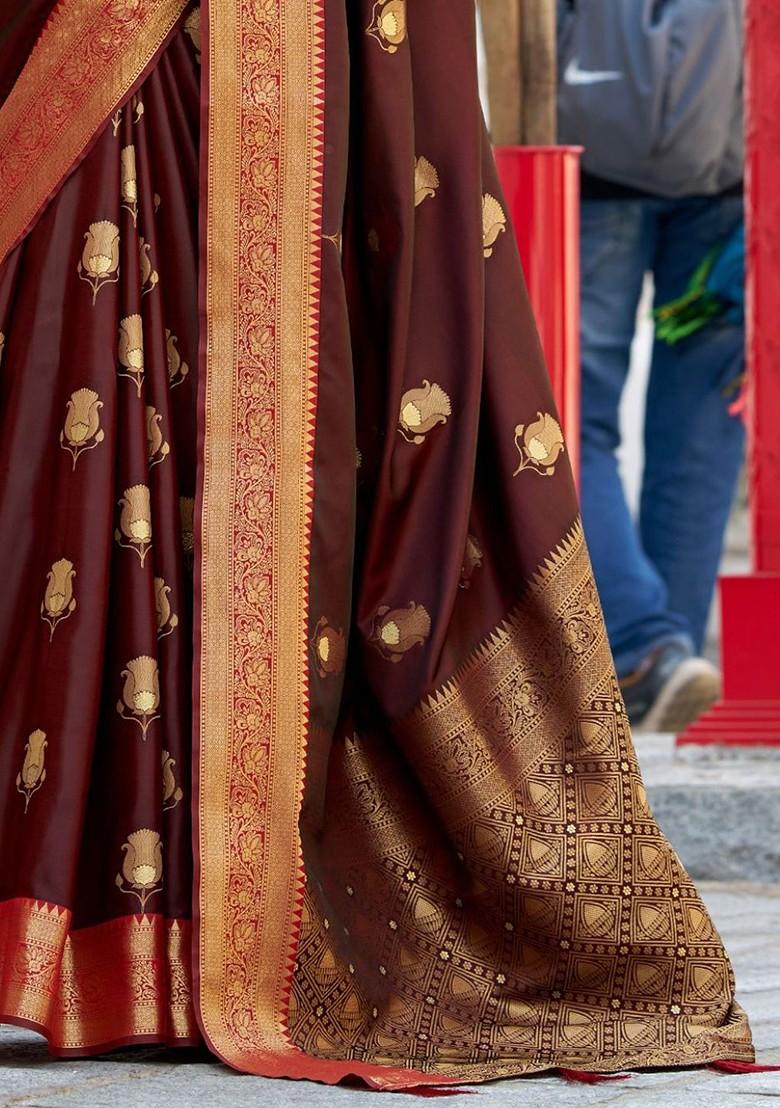 Brown Woven Design Poly Blend Saree Set With Blouse
