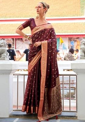 Brown Woven Design Poly Blend Saree Set With Blouse