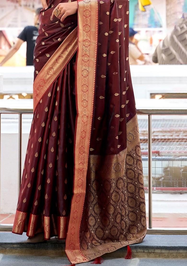 Brown Woven Design Poly Blend Saree Set With Blouse