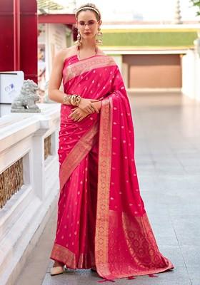 Pink Woven Design Poly Blend Saree Set With Blouse