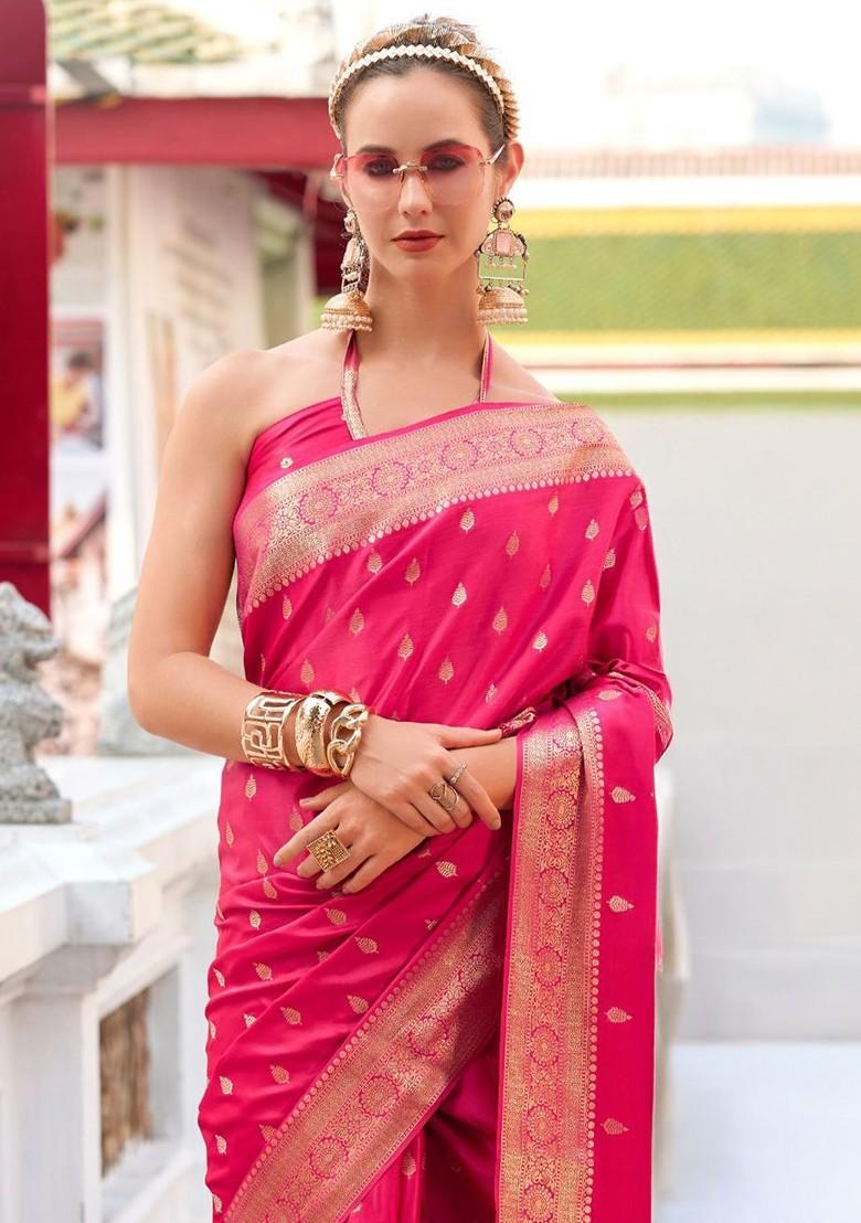 Pink Woven Design Poly Blend Saree Set With Blouse