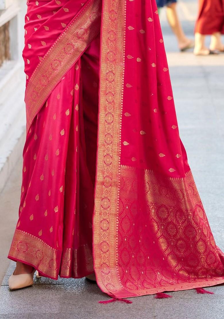 Pink Woven Design Poly Blend Saree Set With Blouse