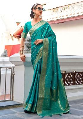 Teal Green Woven Design Poly Blend Saree Set With Blouse
