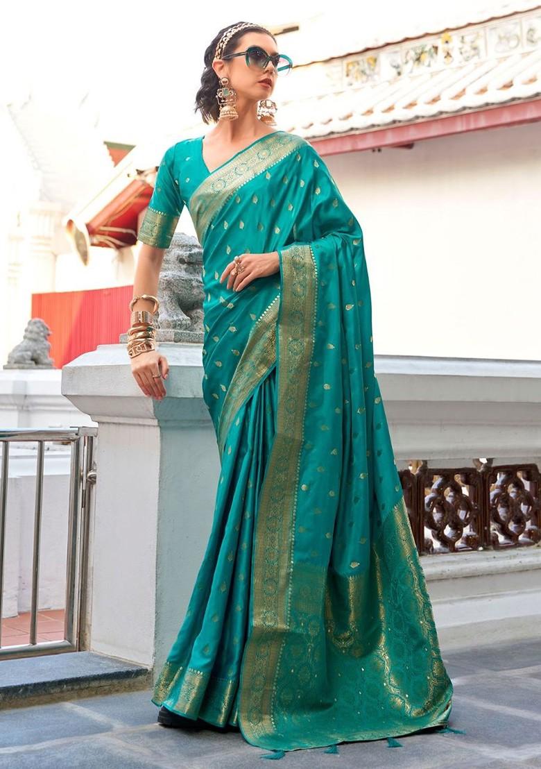 Teal Green Woven Design Poly Blend Saree Set With Blouse