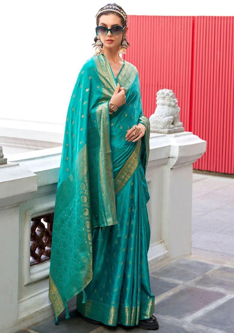 Teal Green Woven Design Poly Blend Saree Set With Blouse