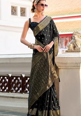 Black Woven Design Poly Blend Saree Set With Blouse