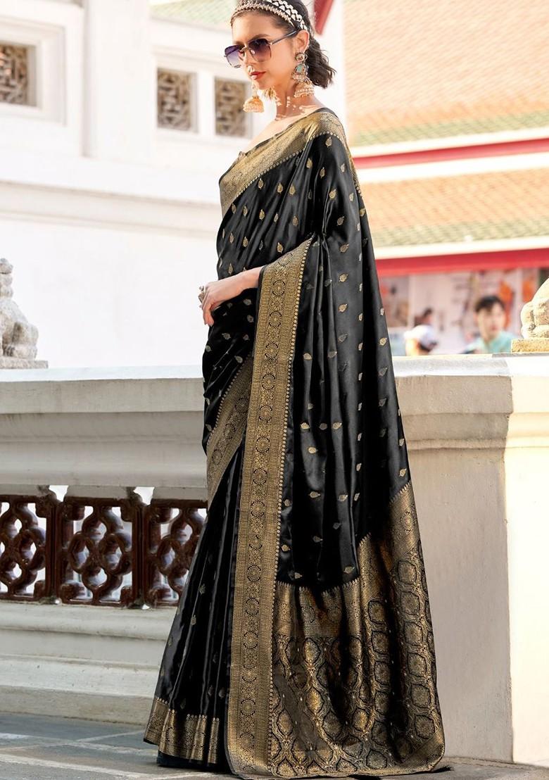 Black Woven Design Poly Blend Saree Set With Blouse