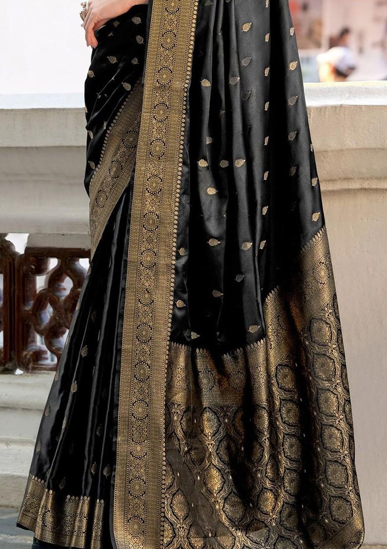 Black Woven Design Poly Blend Saree Set With Blouse