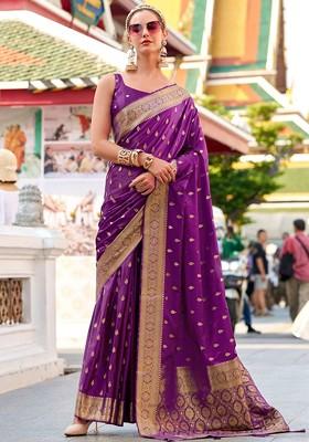 Purple Woven Design Poly Blend Saree Set With Blouse