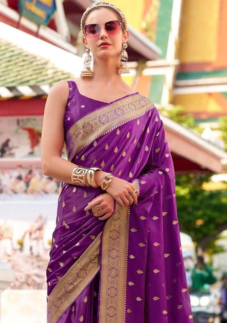 Purple Woven Design Poly Blend Saree Set With Blouse