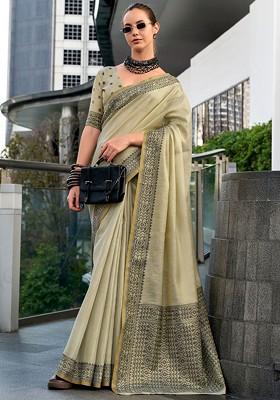 Beige Embroidered Poly Blend Saree Set With Blouse