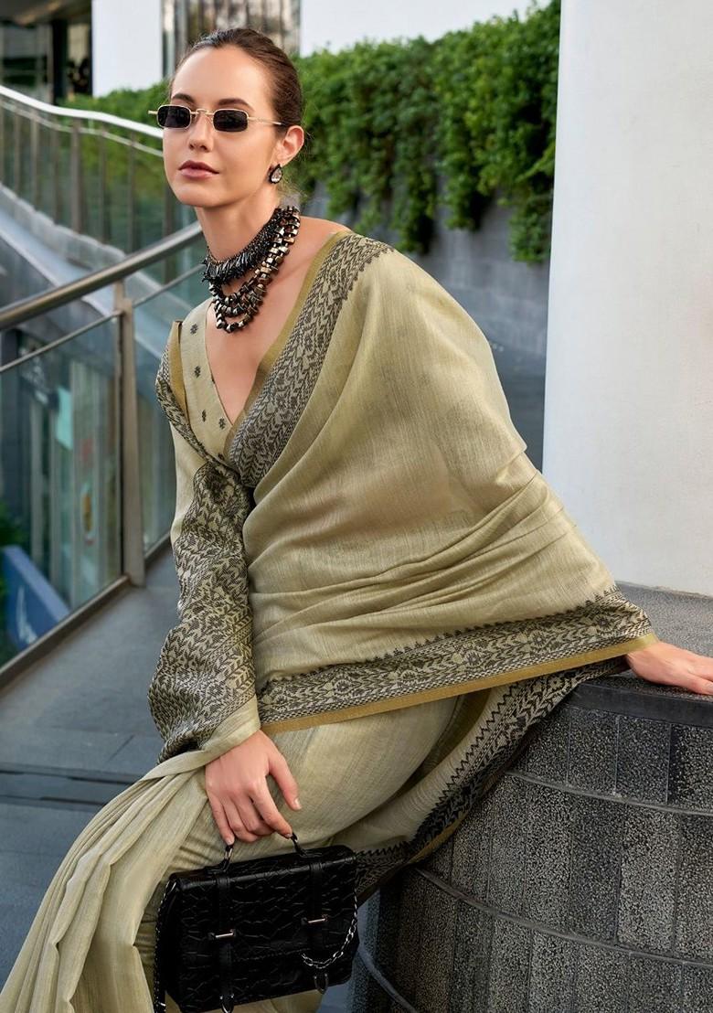 Beige Embroidered Poly Blend Saree Set With Blouse