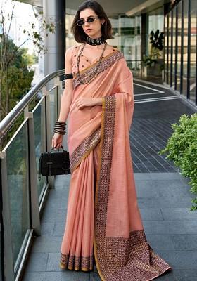 Peach Woven Design Poly Blend Saree Set With Blouse