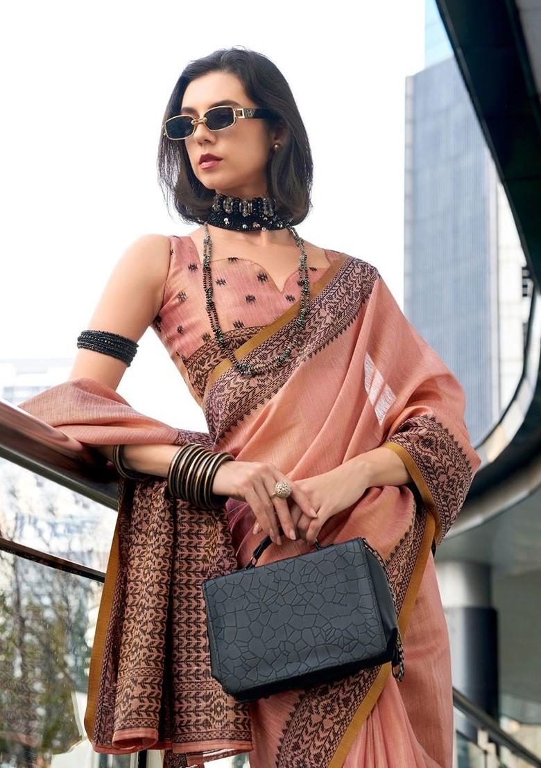 Peach Woven Design Poly Blend Saree Set With Blouse