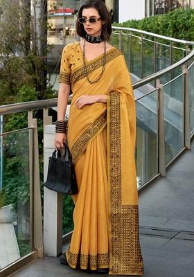 Yellow Embroidered Poly Blend Saree Set With Blouse