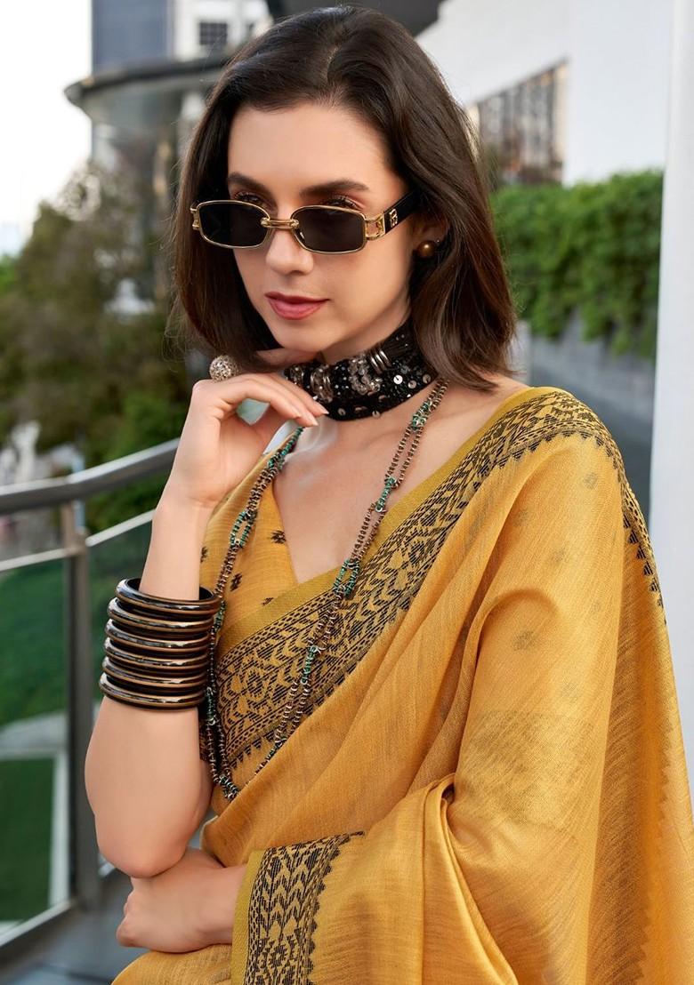 Yellow Embroidered Poly Blend Saree Set With Blouse