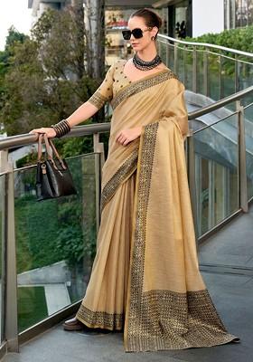 Cream Embroidered Poly Blend Saree Set With Blouse
