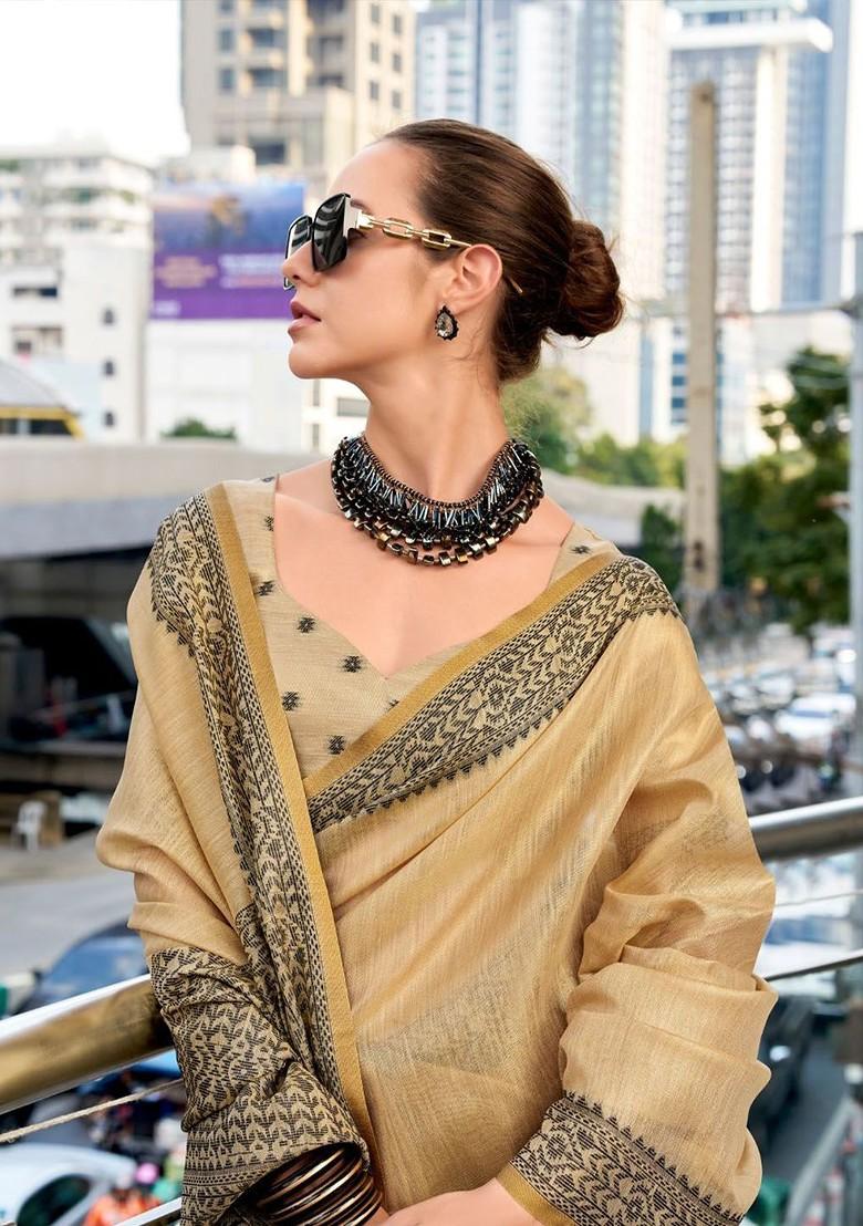 Cream Embroidered Poly Blend Saree Set With Blouse