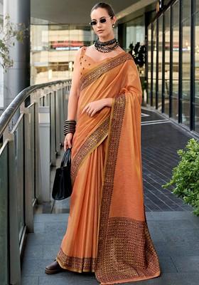 Orange Embroidered Poly Blend Saree Set With Blouse