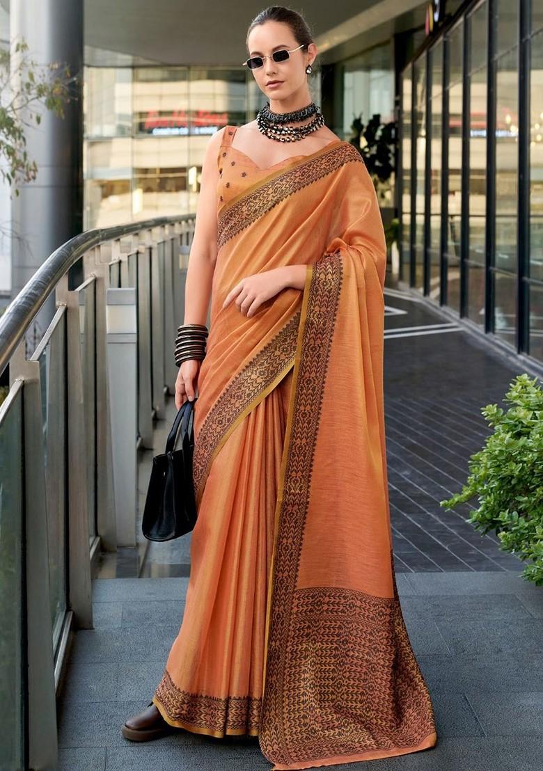 Orange Embroidered Poly Blend Saree Set With Blouse