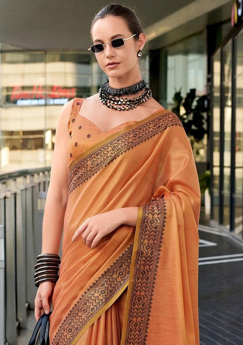 Orange Embroidered Poly Blend Saree Set With Blouse