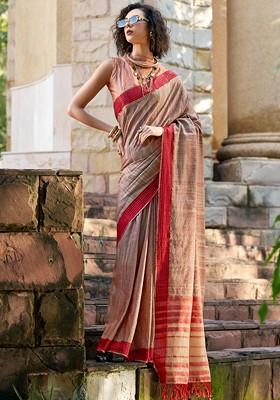 Beige Embroidered Poly Blend Saree Set With Blouse