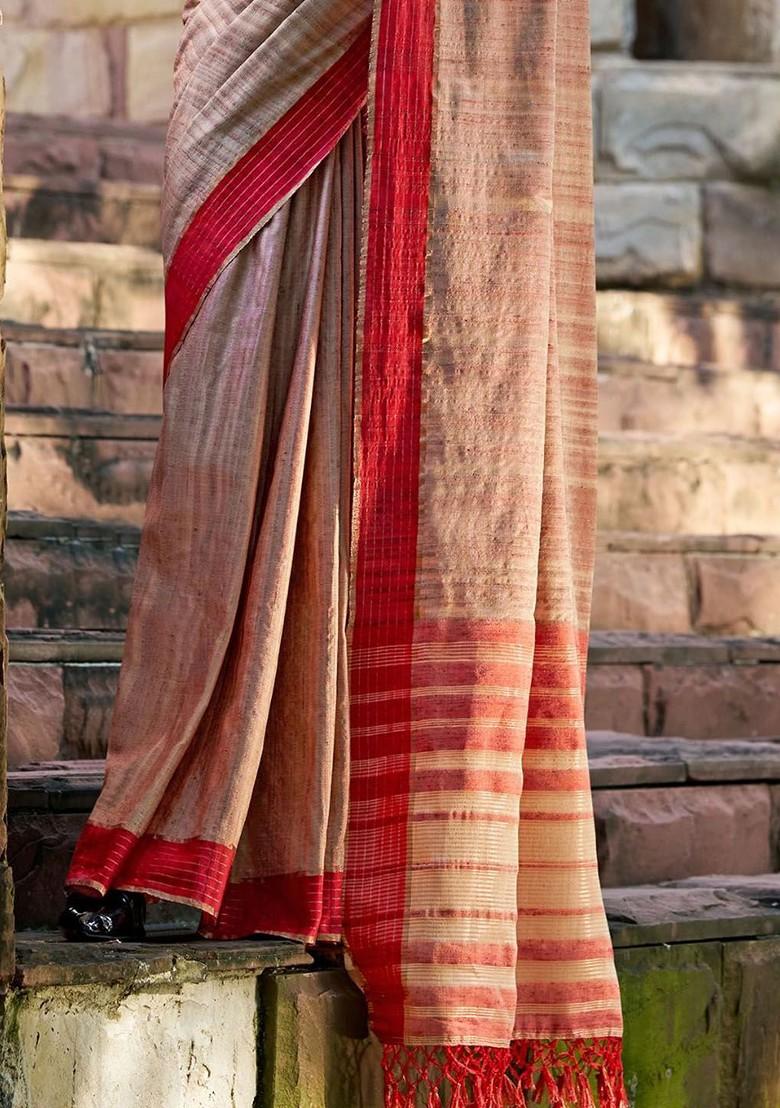 Beige Embroidered Poly Blend Saree Set With Blouse