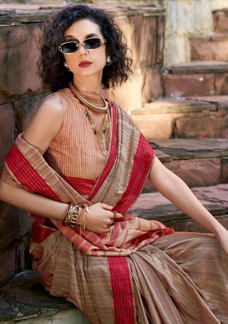 Beige Embroidered Poly Blend Saree Set With Blouse