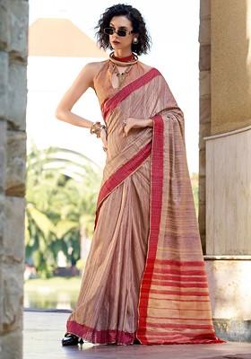 Beige Embroidered Poly Blend Saree Set With Blouse