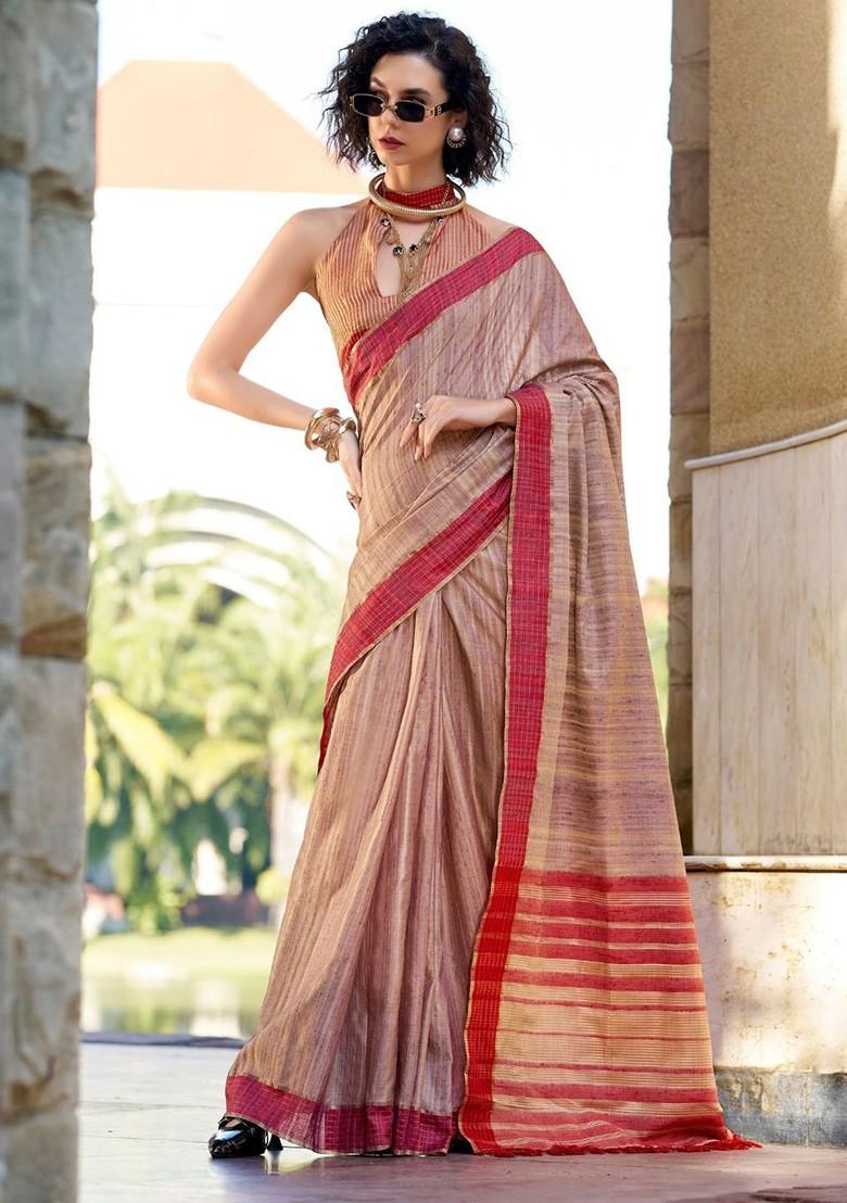 Beige Embroidered Poly Blend Saree Set With Blouse