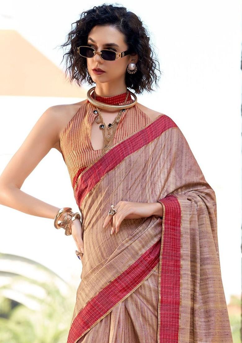 Beige Embroidered Poly Blend Saree Set With Blouse