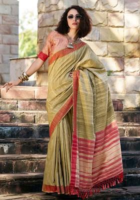 Mustard Yellow Embroidered Poly Blend Saree Set With Blouse