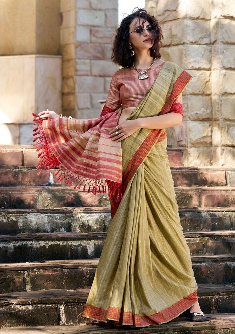 Mustard Yellow Embroidered Poly Blend Saree Set With Blouse