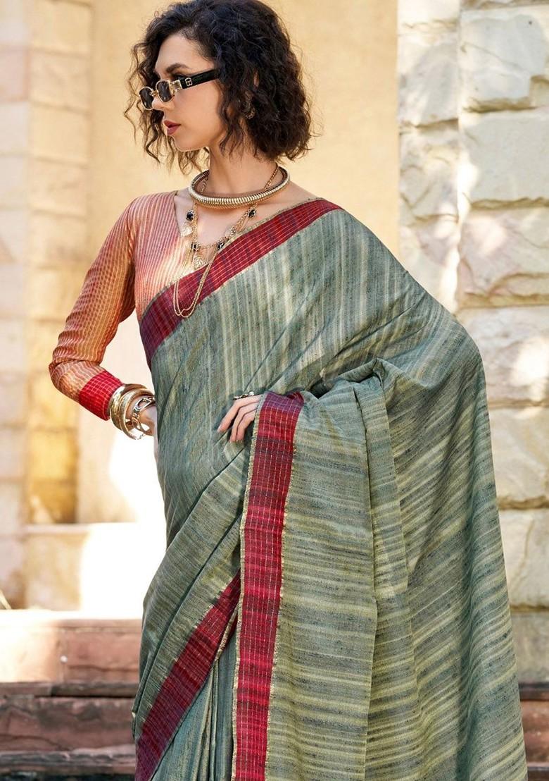 Grey Embroidered Poly Blend Saree Set With Blouse