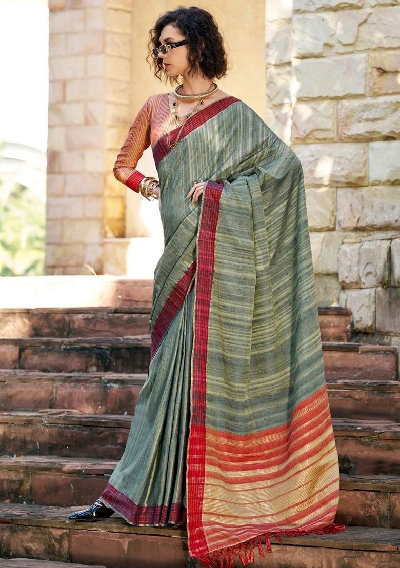 Grey Embroidered Poly Blend Saree Set With Blouse