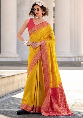Mustard Yellow Embroidered Poly Blend Saree Set With Blouse