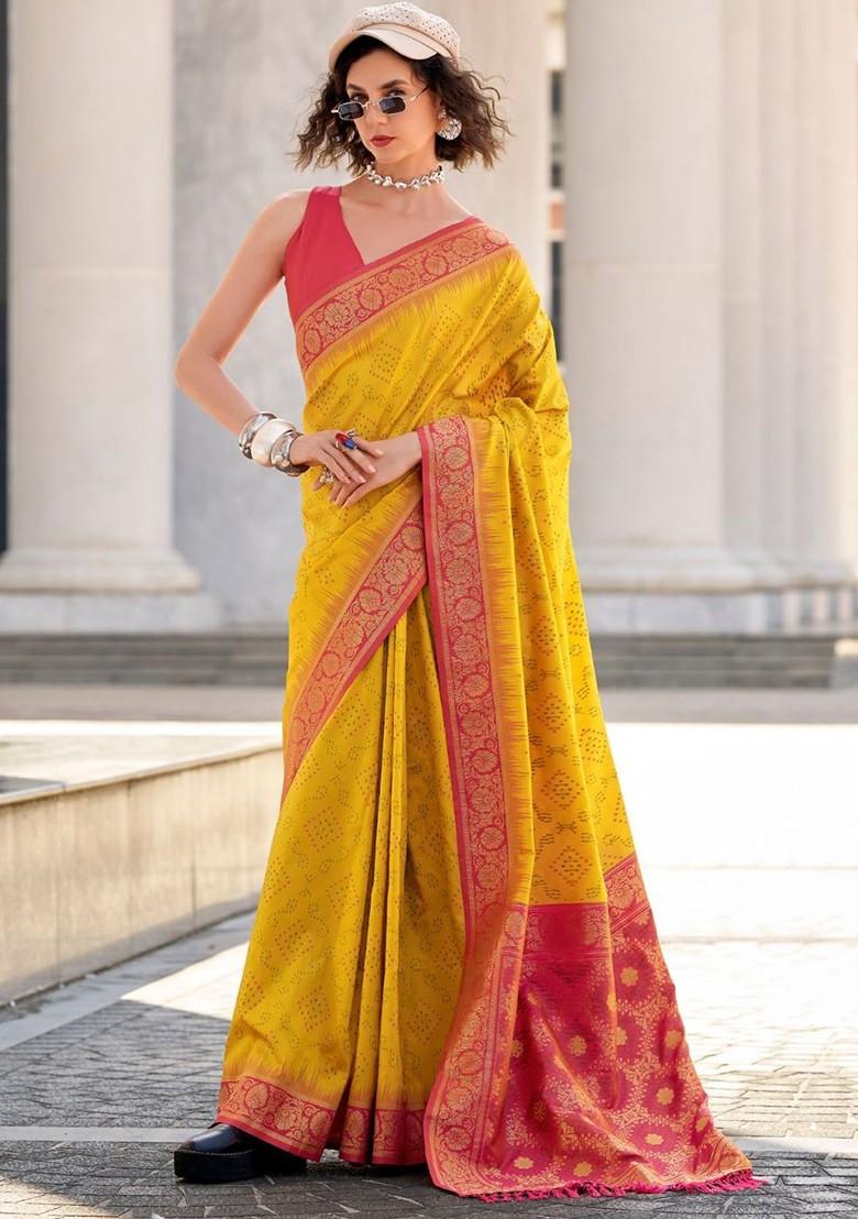 Mustard Yellow Embroidered Poly Blend Saree Set With Blouse