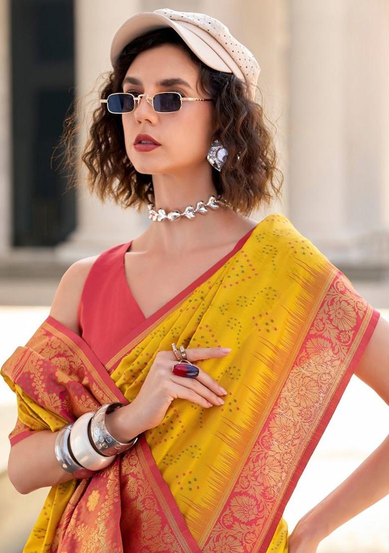 Mustard Yellow Embroidered Poly Blend Saree Set With Blouse